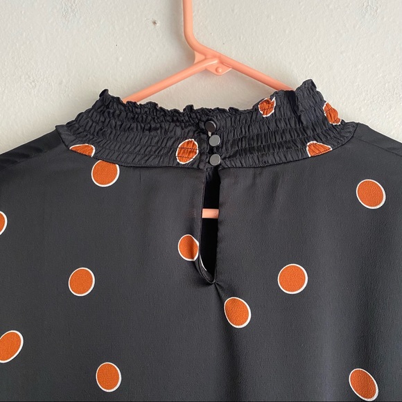 Waverly Grey Black With Orange Polka Dots Mock Neck Bell Sleeve Blouse Medium - Picture 9 of 9